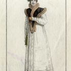 Divatkép - nő fehér kabátban, barna prémmel, zöld fejdísszel, melléklet, Journal des Ladies et des Modes, Costume Parisien