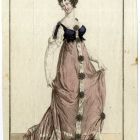 Divatkép - nő lila báli ruhában, melléklet, Costume Parisien