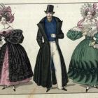 Divatkép - két nő és egy férfi viselet, melléklet, Journal des Ladies et des Modes, Costume Parisien