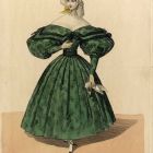 Divatkép - zöld ruhás nő, fején sárga kalappal, melléklet, Wiener Zeitschrift für Kunst, Literatur, Theater und Mode