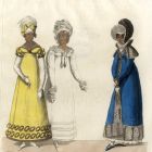 Divatkép - három nő különböző ruhákban,  melléklet, Wiener-Moden-Zeitung und Zeitschrift für Kunst schöne Literatur und Theater