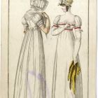 Divatkép - két fehér ruhás nőalak, az egyik hátul-, a másik elölnézetben, melléklet, Costume Parisien