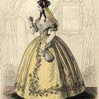 Divatkép - nő virágdíszes sárga ruhában,  melléklet, Wiener Zeitschrift für Kunst, Literatur, Theater und Mode
