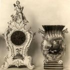 Fénykép - asztali óra, porcelán, tetején Diana kutyával, színezett számlapja vésett sárgaréz, Meissen, XVIII. sz. és váza, körteforma, elején idős hölgy
arcképe, Herend, 1842, XVIII. Ernst Aukció