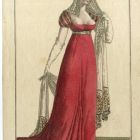 Divatkép - nő piros ruhában, hosszú leomló fátyollal, melléklet, Costume Parisien