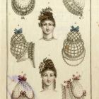 Divatkép - hajviseletek, kalapok, főkötők, melléklet, Journal des Ladies et des Modes, Costume Parisien