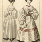 Divatkép - hehér ruhás nő elöl- és hátulnézetben, melléklet, Journal des Ladies et des Modes, Costume Parisien