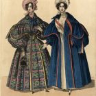 Divatkép - két nő, az egyiken kockás, növényi mintás, a másikon kék köpeny, melléklet, Wiener Zeitschrift für Kunst, Literatur, Theater und Mode