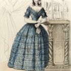 Divatkép - nő csipke díszítésű kék ruhában, melléklet, Wiener Zeitschrift für Kunst, Literatur, Theater und Mode