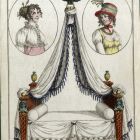 Divatkép - empire ágy baldachinnal, jobbról és balról egy-egy női mellképpel, melléklet, Costume Parisien