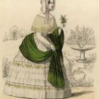 Divatkép - nő fehér ruhában, zöld stólával a karján, melléklet, Wiener Zeitschrift für Kunst, Literatur, Theater und Mode