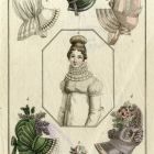 Divatkép - kontyos női mellkép, körülötte különböző kalapok,melléklet, Journal des Ladies et des Modes, Costume Parisien