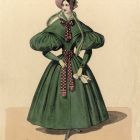 Divatkép - zöld ruhás nő  nyakában és derekán lila-fekete kockás sállal,  melléklet, Wiener Zeitschrift für Kunst, Literatur, Theater und Mode