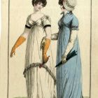 Divatkép - két nő fehér illetve kék ruhában, kezükben legyezővel, melléklet, Journal des Ladies et des Modes, Costume Parisien