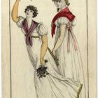 Divatkép - két nő, fehér ruhában, piros kendővel, melléklet, Costume Parisien