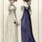 Divatkép - két nőalak, az egyik fehér, a másik lila ruhában, melléklet, Costume Parisien