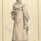 Divatkép - nő rózsaszín ruhában, tollas fejdísszel,melléklet, Journal des Ladies et des Modes, Costume Parisien