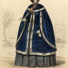 Divatkép - nő kék köpenyben, és szürke csíkos ruhában, melléklet, Wiener Zeitschrift für Kunst, Literatur, Theater und Mode