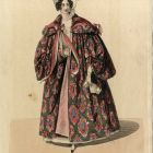 Divatkép - tarka köpenyes nő fején tolldíszes kalappal,  melléklet, Wiener Zeitschrift für Kunst, Literatur, Theater und Mode