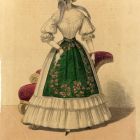 Divatkép - fehér ruhás nő, zöld köténnyel, melléklet, Wiener Zeitschrift für Kunst, Literatur, Theater und Mode
