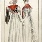 Divatkép - két fehér ruhás nő, hátulnézetben, piros sálakkal, melléklet, Costume Parisien