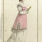 Divatkép - nő fehér ruhában és rózsaszín tunikában, melléklet, Costume Parisien