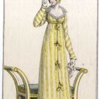 Divatkép - sárga ruhás nő, ülőbútor mellett, melléklet, Journal des Ladies et des Modes, Costume Parisien