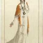 Divatkép - nő fehér ruhában narancssárga vállkendővel, melléklet , Costume Parisien