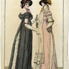 Divatkép - két nőalak, az egyik szürke, a másik rózsaszín ruhában, melléklet, Costume Parisien