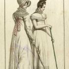 Divatkép - fehér ruhás nők, ernyővel és gereblyével,melléklet, Journal des Ladies et des Modes, Costume Parisien