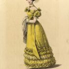 Divatkép - sárga ruhás nő fején tollas kalappal,  melléklet, Wiener Zeitschrift für Kunst, Literatur, Theater und Mode
