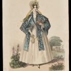 Divatkép - nő fehér ruhában, felette türkizzöld, virágmintás pelerinben,  melléklet, Wiener Zeitschrift für Kunst, Literatur, Theater und Mode