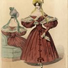 Divatkép - bordó ruhás nő elöl- és hátulnézetből,  melléklet, Wiener Zeitschrift für Kunst, Literatur, Theater und Mode