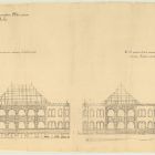 Tervrajz - az Iparművészeti Múzeum nagycsarnokának udvari homlokzatai és a Hőgyes (Rákos) utcai szárny metszete