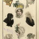 Divatkép - különböző kalapok, főkötők, melléklet, Journal des Ladies et des Modes, Costume Parisien