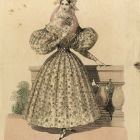 Divatkép - kőkorlát mellett álló tarka virágos ruhás nő,  melléklet, Wiener Zeitschrift für Kunst, Literatur, Theater und Mode