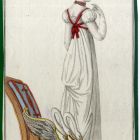 Divatkép - fehér ruhás nő díszes ülőbútor mellett, melléklet, Journal des Ladies et des Modes, Costume Parisien