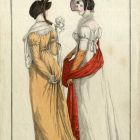 Divatkép - két nőalak, az egyik sárga ruhában fehér sállal, a másik fehér ruhában vörös sállal, melléklet, Costume Parisien