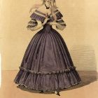 Divatkép - lila ruhás nő fején díszes főkötővel,  melléklet, Wiener Zeitschrift für Kunst, Literatur, Theater und Mode