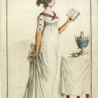 Divatkép - nő fenér ruhában, kezében könyvvel, melléklet, Costume Parisien