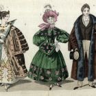 Divatkép - két nő és egy férvi viselet, melléklet, Journal des Ladies et des Modes, Costume Parisien