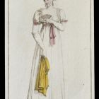 Divatkép - nő fehér ruhában, kezében sárga sál,melléklet, Costume Parisien