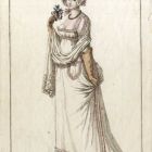 Divatkép - nő fehér negligében, kezében rózsacsokorral, melléklet, Costume Parisien