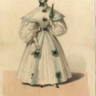 Divatkép - nő zöld szalagdíszes fehér ruhában, kezében kis zöld ernyő,  melléklet, Wiener Zeitschrift für Kunst, Literatur, Theater und Mode