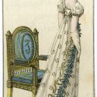 Divatkép - nő fehér ruhában kék díszítéssel, támlás szék előtt,melléklet, Journal des Ladies et des Modes, Costume Parisien