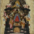 Szentkép - barokk Mária oltár kegyszoborral, férfi és női szenttel